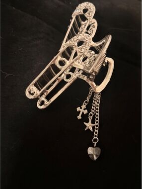 Hot Topic Silver Rhinestone Safety Pin Hair Clip with Dangling Charms